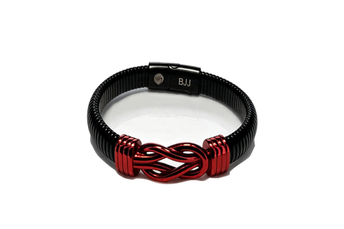 Black Belt BJJ rank bracelet with red infinity knot and engraved clasp