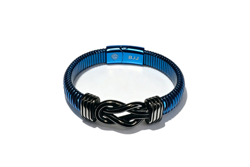 Blue Belt BJJ bracelet with black infinity knot and engraved clasp