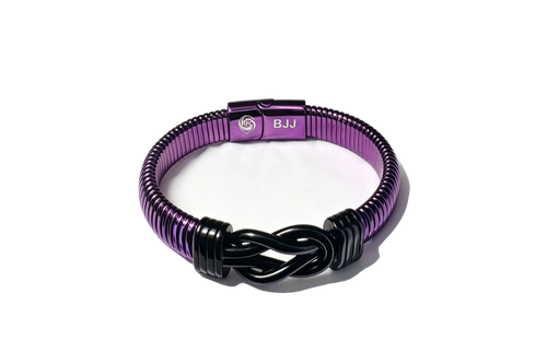 Purple Belt BJJ rank bracelet with black infinity knot and engraved clasp